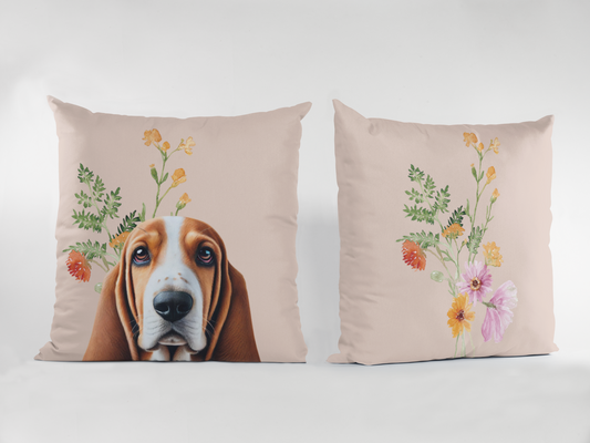 Basset Hound Scatter Cushion with Floral Design