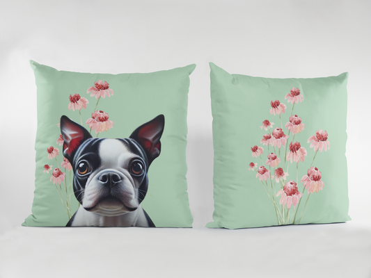 Boston Terrier Scatter Cushion with Floral Design