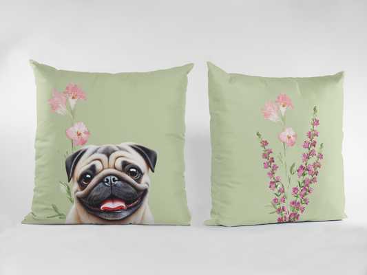 Pug Scatter Cushion with Floral Design